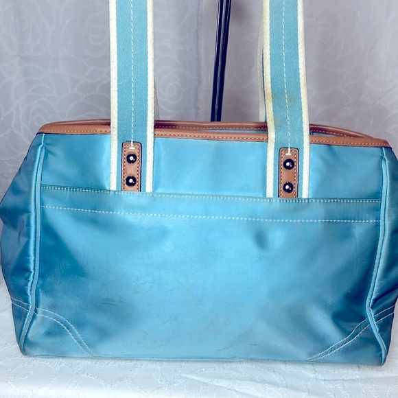 COACH Hampton aqua blue and white double handles nylon/satin satchel.  #F11993 - Picture 6 of 15